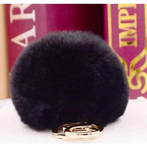 Brand Fluffy Rabbit Fur Pompom 8CM For Bags&Cars Charm Real Natural Fur Balls Genuine Fur Key Chain TKK005-black keyring women