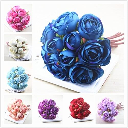 Royal blue Soft Silk Rose Flower Bouquet (10 Stems) artificial flowers for Wedding/Home Decorations White champagne