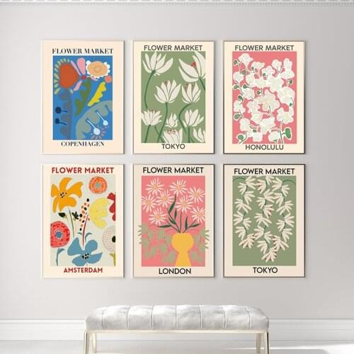 Flower Market London,Tokyo, Copenhagen Canvas Painting Flower Shop Sign Posters and Prints Florist Gift Wall Art Pictures Decor