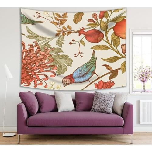 Tapestry Pomegranates Branches Leaves Chrysanthemum Flowers and Birds Pattern Japanese Vintage Art Green Blue Red
