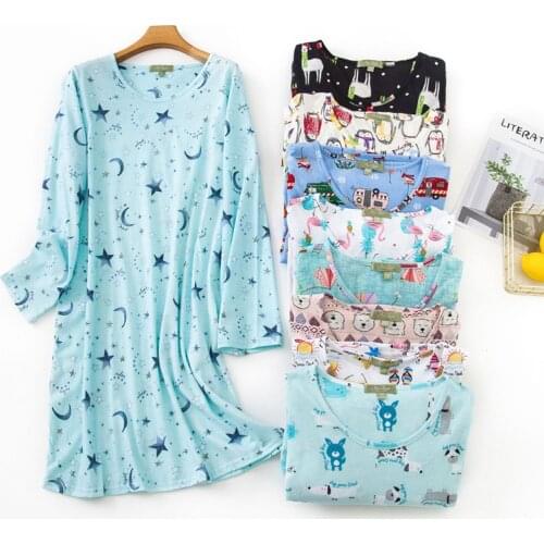 Kawaii Cartoon nightdress women knitted cotton long sleeves nightgowns women sleepwear Korea cute sleep dress pyjamas
