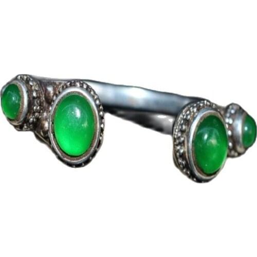 Chinese old craft Old Tibetan silver inlaid ice jade bracelet