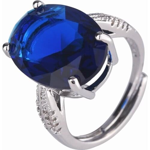 Classic Simple Oval Open Rings Inlay Blue Big Zircon Hight Grade Silvery Jewelry For Women Wedding Party Anniversary Gifts