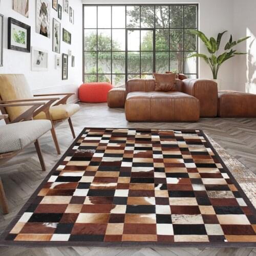 American style cowhide patchwork rug , big size genuine cow skin fur carpet, brown color plaid decorative living room rug