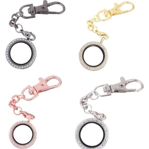 10pcs/lot 25mm Round With Rhinestones open locket Key Ring twist Memory Living Magnet Glass Keychains Locket for Floating charms