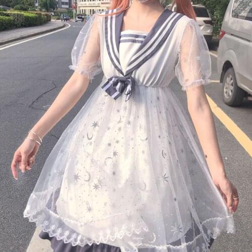 2021 Sweet Japanese Soft Girly Lolita Dress Summer New Cute Sailor Collar Bow Kawaii Puff Sleeve Vintage Lace Gauze Ruffle Dress