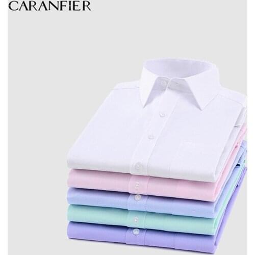 CARANFIER Mens Long Sleeve Work Shirts Brand Soft Square Collar Regular Striped Twill Men Dress Shirts White 7 Colors Male Tops