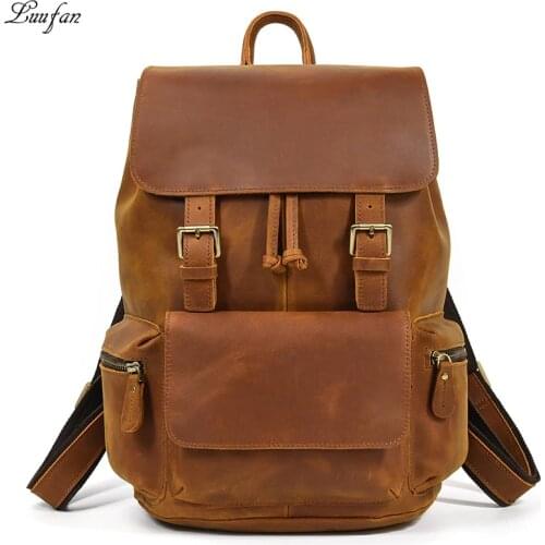 Luufan Handmade Genuine Leather Backpack Men Women Big 15 inch Laptop Daypack Cowhide Computer Backpack Male Large Shoulder Bag