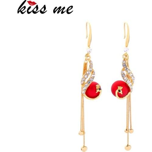 Kissme Delicate Crystal Peacock Tassel Dangle Earrings For Women Matte Red Blue Acrylic Pearl Brass Earrings New Fashion Jewelry