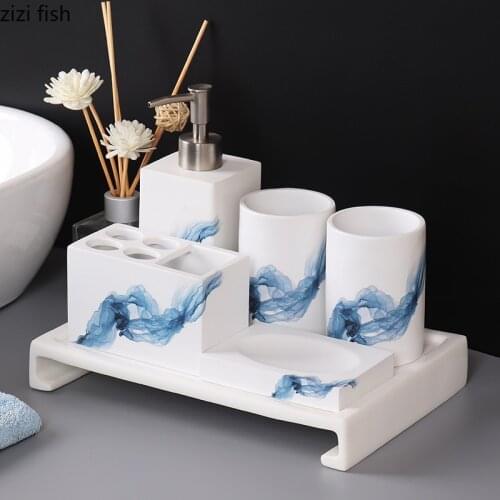 Blue Seascape Bathroom Accessories Set Portable Soap Dispenser Toothbrush Holder Soap Dish Storage Trays Resin Bath Supplies