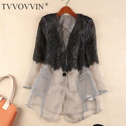 TVVOVVIN New 2020 Spring Office Lady Style V-neck Lace Single Button Patchwork Hollow Out Lace Female Slim Coat Tide F216