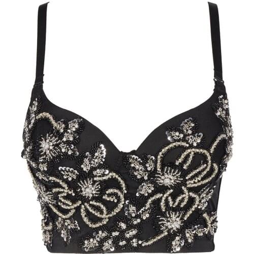 Women Top With Pointed Cups Sexy Beaded Rhinestone Cropped NightClub Party Corset Crop Top Push Up Bustier Camis Built in Bra