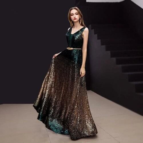 2020 New arrival Gradient Sequined Evening Dress V-Neck sleeveless Simple Evening Gowns Long Party perspective Dresse
