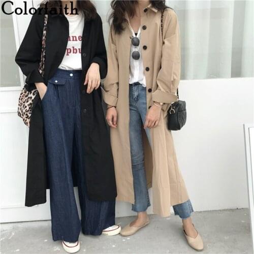 Colorfaith New 2021 Spring Autumn Womens Windbreaker Elegant Buttons Vintage Oversize Office Lady Wild Long Trench Tops JK675