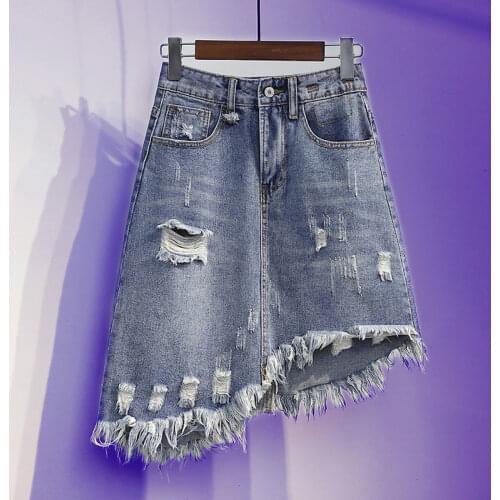 Ladies Irregular Denim Skirt Korean Summer New Style Hole Large Size High Waist A-line Package Hip Short Skirt Womens Skirt
