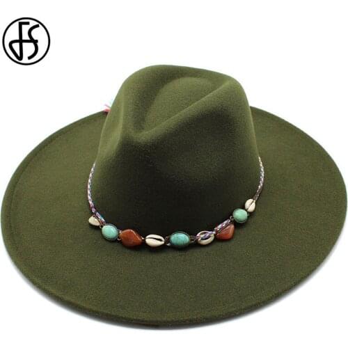 FS 2020 Autumn Winter Womens Felt Hat Fedoras Big Brim Hats For Women British Style Church Hats Lady Flat Brim Fedoras Chapeau