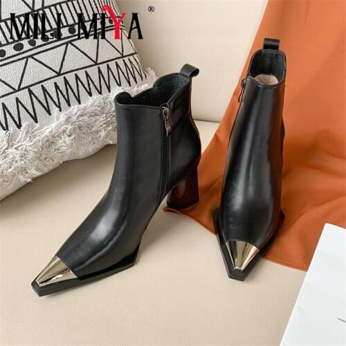 MILI-MIYA New Arrival Women Cow Leather Ankle Boots Metal Cover Pointed Toe Square Heels Zipper Motorcycle Boots For Ladies