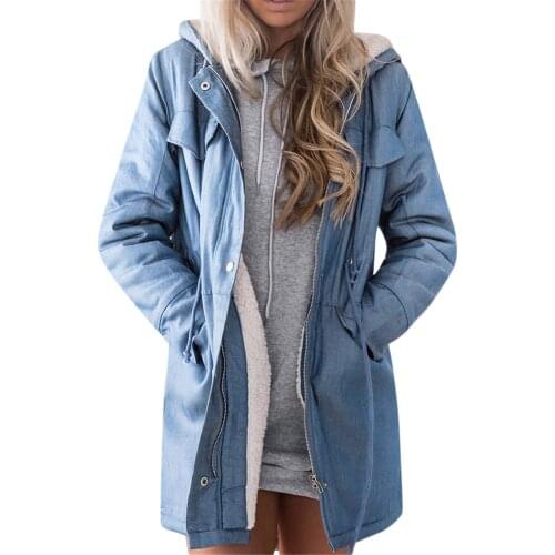 Womens Hooded Jackets Female Jacket Plush Coat Casual Long Sleeve Denim Jacket Long Jean Outwear Overcoat Feminine Coat #T2G