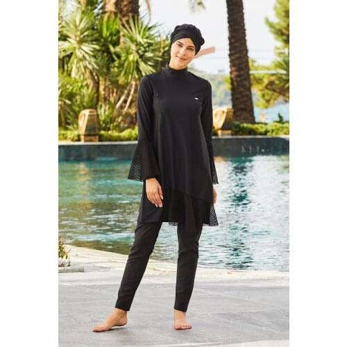 Women Black Tulle Detailed Lycra Full Off Hijab Swimwear 4244 Turkish' Muslim Swimsuit Burkinis Modest Clothing Islamic Long Sle