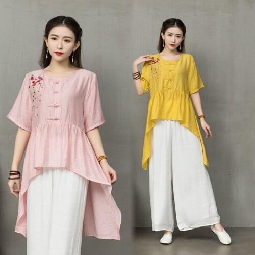 Summer Han Fu Traditional Chinese Clothing Sets for Women Embroidery Green Blue Pink Red Yellow Orange Hanfu Tops Blouse + Pants