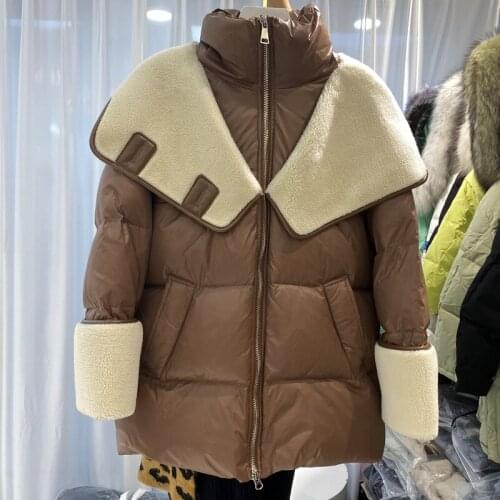 2021 winter new down jacket women new fashion mid-length loose and thin lamb hair stitching white duck down long-sleeved jacket