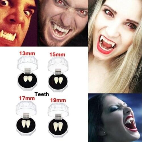 2PCS 13/15/17/9mm Vampire Teeth Zombie Ghost Devil Dentures Fangs Canine Fake Tooth with Case Halloween Cosplay Prop Toy