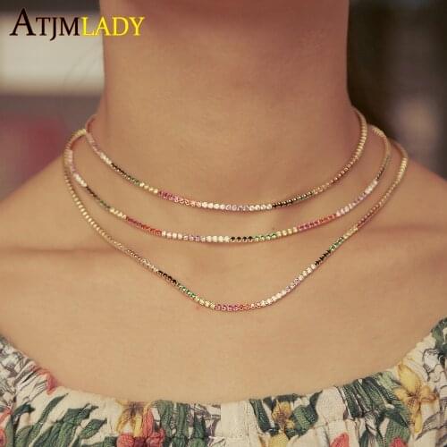 2MM Colouful CZ Tennis Chain Choker Women Jewelry Personality Clavicle Delicate Dainty Rainbow Cubic Zirconia Thin Tiny Necklace