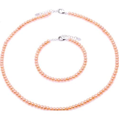4x5mm pink real pearl Women Jewelry set necklace bracelet chain clasp AAA Cultured freshwater pearl