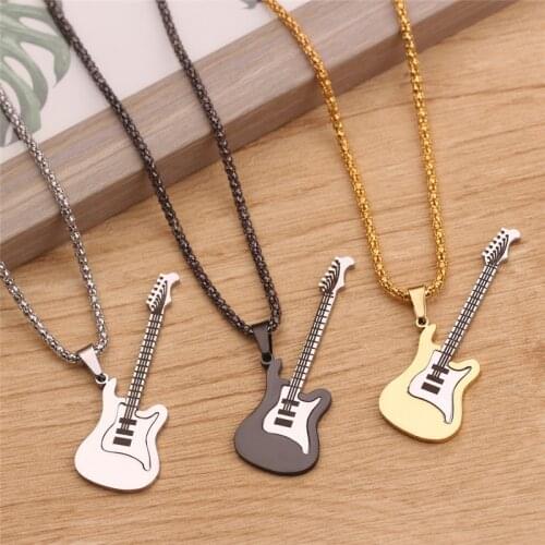 Stainless Steel Guitar Pendant Necklace For Men/Women Music Lover Gift Black Gold silver Color Necklaces Hip Hop Rock Jewelry