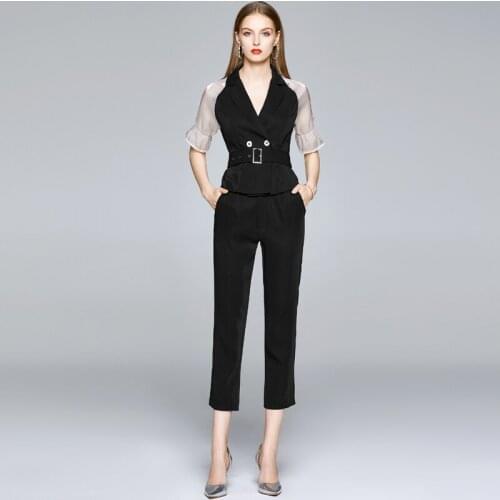 JSXDHK Runway Women Trousers Sets Fashion Summer Organza Patchwork Lapel Collar Shirt Top + High Waist Pocket Belt Pants Suit