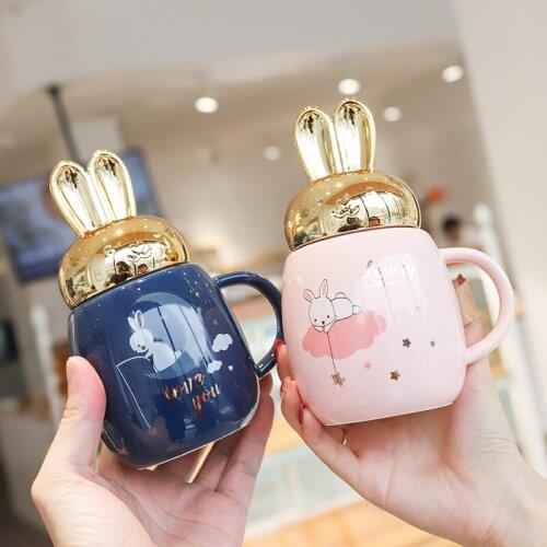 Cartoon Ceramic Mugs With Lovely Rabbit Ear Lid Korean Style Water Bottle Tea Coffee Milk Breakfast Fresh Cup