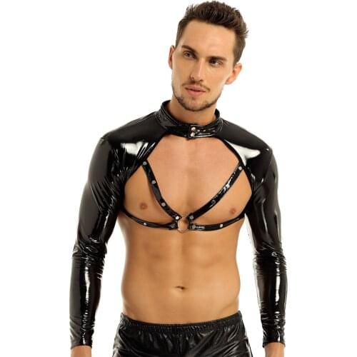 Men’s Half Tank Top Leather Body Chest Harness Crop Top Long Sleeve Men Harness Bondage Costume Exotic Tanks Arm Sleeves Shrug