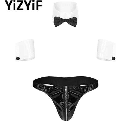 Men Erotic Sexy Roleplay Costume Waiter Tuxedo Lingerie Set Patent Leather Briefs Underwear Jockstraps Collar Cuffs Bracelets