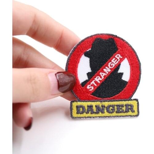 Stranger Danger Letter Embroidered Patches for Cloth Cotton Fabric Iron on Badges Sew on Appliques for Jacket DIY Accessory