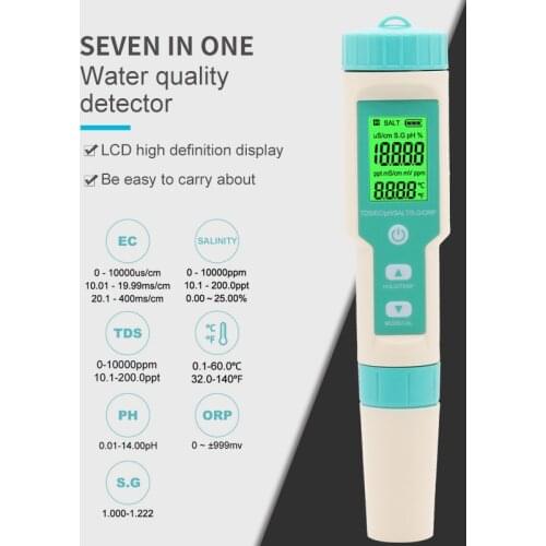 7 in 1 PH Meter TDS EC ORP Salinity S. G Temperature Meter With Backlight Digital Water Quality Monitor Tester for Water