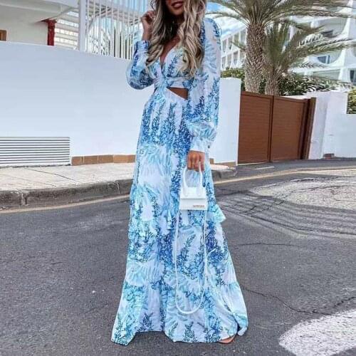 Ladies Sexy Hollow Out Deep V Neck Party Dress Women Beach Style Printing Long Sleeve Dress Casual Holiday Dresses Plus Size 3XL