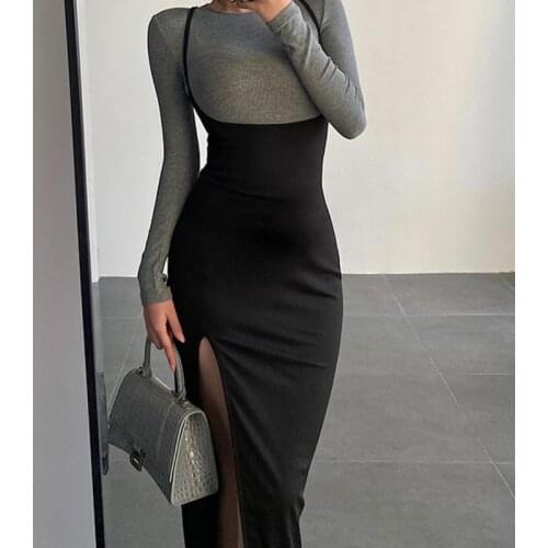 TVVOVVIN European Hot Girl Sexy Backless High Split Dress Women Fashion Black All-match Low-cut Skinny Dresses 4FVW