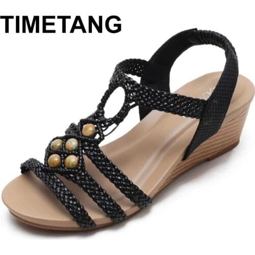 TIMETANGSummer Soft-Soled Open toe Women Shoes Large Size Wedges Non-slip Casual Ladies Sandals Vintage braided beaded RomanShoe