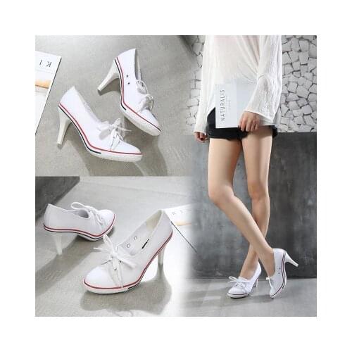 2019 Pumps Denim High Quality Shallow Mouth Womens Shoes High Heel 8CM Canvas Student Shoes Women New Board shoes size 34-41