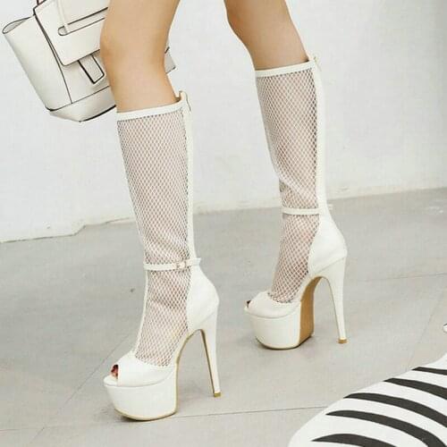 Black White Beige 2021 Summer Women Knee High Boots Platform Thin High Heel Women Boots PU Leather Mesh Womens Shoes Big Size