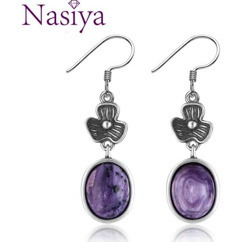 Flower Shape 8x10MM Oval Natural Charoite Drop Earrings For Women Vintage 925 Sterling Silver Earrings Fashion Jewelry Gifts