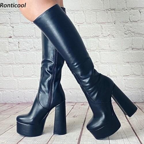 Ronticool New Arrival Women Winter Knee Boots Full Side Zipper Chunky Heels Round Toe Black Night Club Unisex Shoes US Size 5-15
