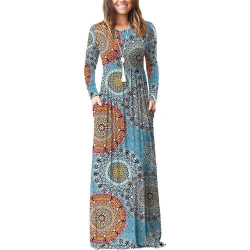 GULE GULE Womens Long Sleeve Round Neck Loose Plain Floral Empire Waist Pleated Maxi Casual Long Dresses with Pockets
