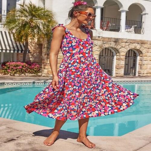 Summer Dress Women Robe Femme Print Ruffle A-Line Dresses Sling Sleeveless Long Dress For Womens Clothing 2021 Vestiod De Mujer