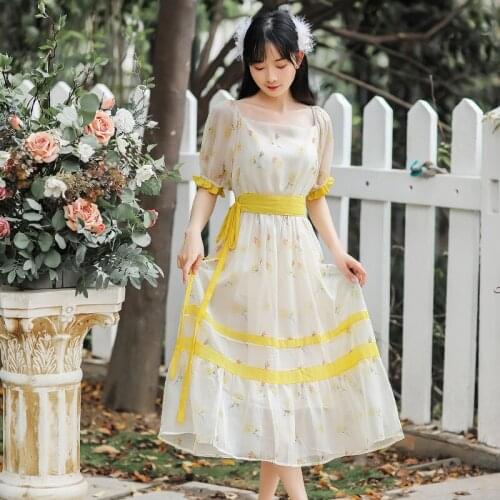 Women Elegant Retro Square Collar Flower Print Chiffon Dress 2021 Summer Student Korean Floral Puff Sleeve Dress