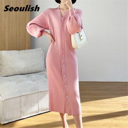 Seoulish 2021 New Single Breasted Knitting Dress Women Lantern Sleeve High Waist Long Sleeve Sheath Bodycon Midi Sweater Dresses