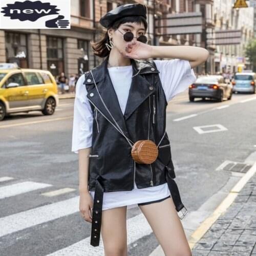 Fashion Women Adjustable Waist Pu Leather Sleeveless Jacket Motorcycle Vest Tops Lapel Collar Loose Fit Punk Style Waistcoat