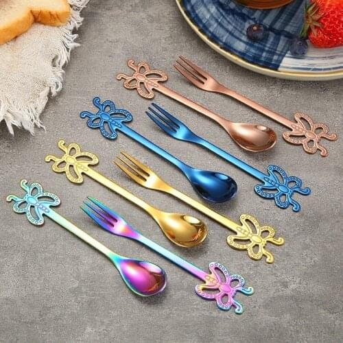 1pcs Butterfly 304 Stainless Steel Coffee Spoon Creative Gift Spoon Gold-plated Dessert Fork Fruit Fork