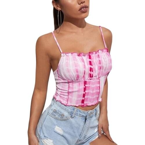 2021 Summer Womens Sexy Ruched Bust Camisole Spaghetti Strap Tie Dye Print Lettuce Trim Crop Cami Tops
