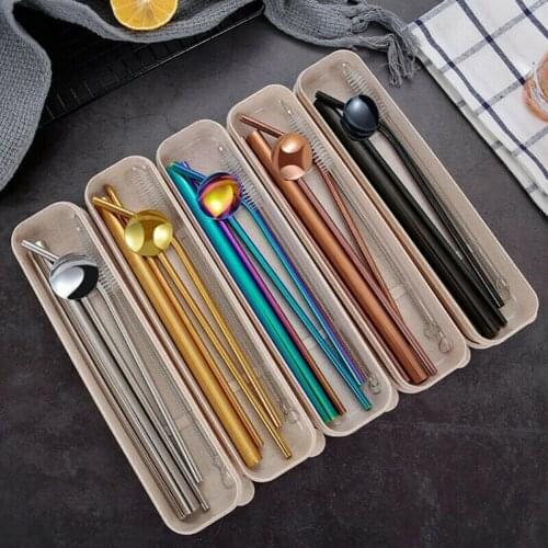 7Pcs Reusable Stainless Steel Straws Spoon Drinking Flatware with Cleaning Brush